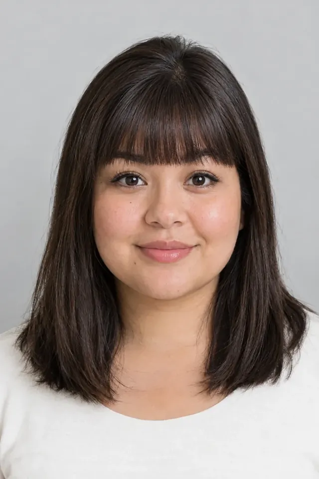 Blunt bangs on a round face (AI-generated model)