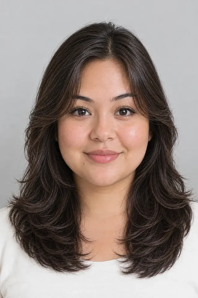 Curtain bangs with layers on a round face (AI-generated model)