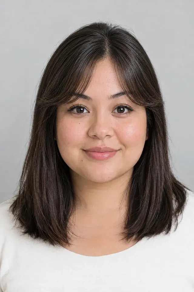Short curtain bangs on a round face (AI-generated model)