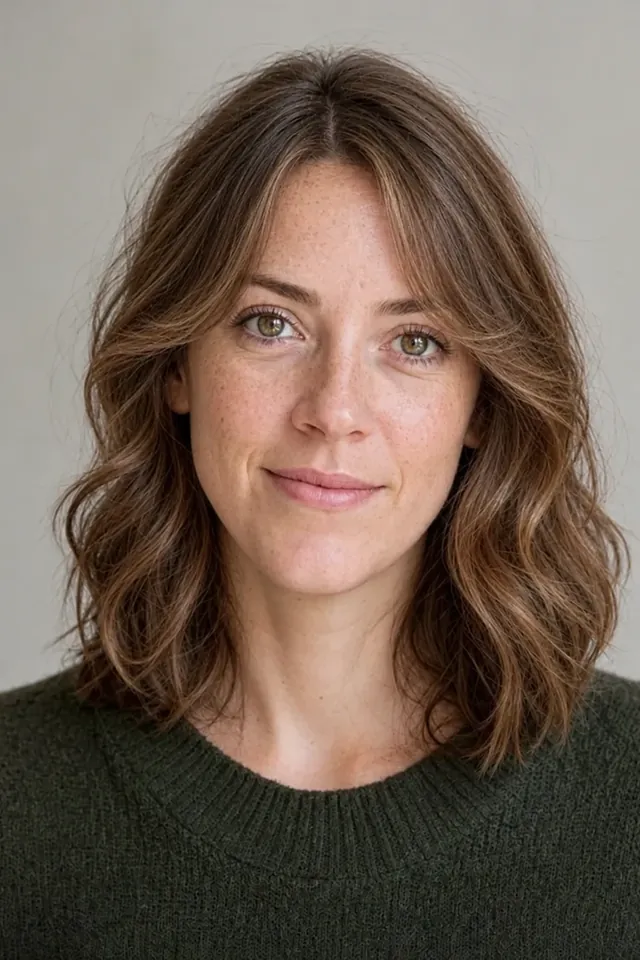 After: Shoulder-length wavy hair with curtain bangs