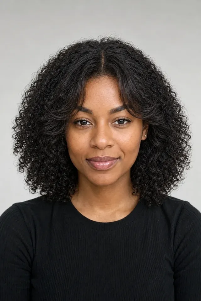 After: Natural curly hair with curtain bangs