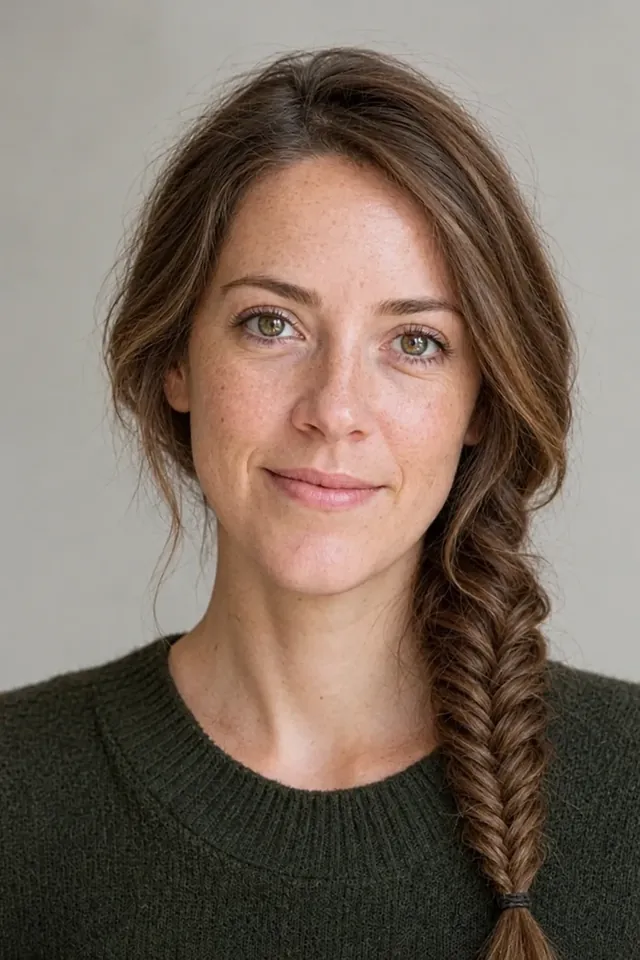 After: Shoulder-length wavy hair with fishtail braid