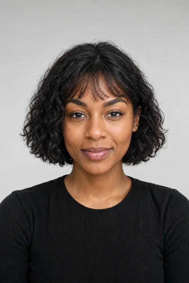 After: Natural curly hair with french bob