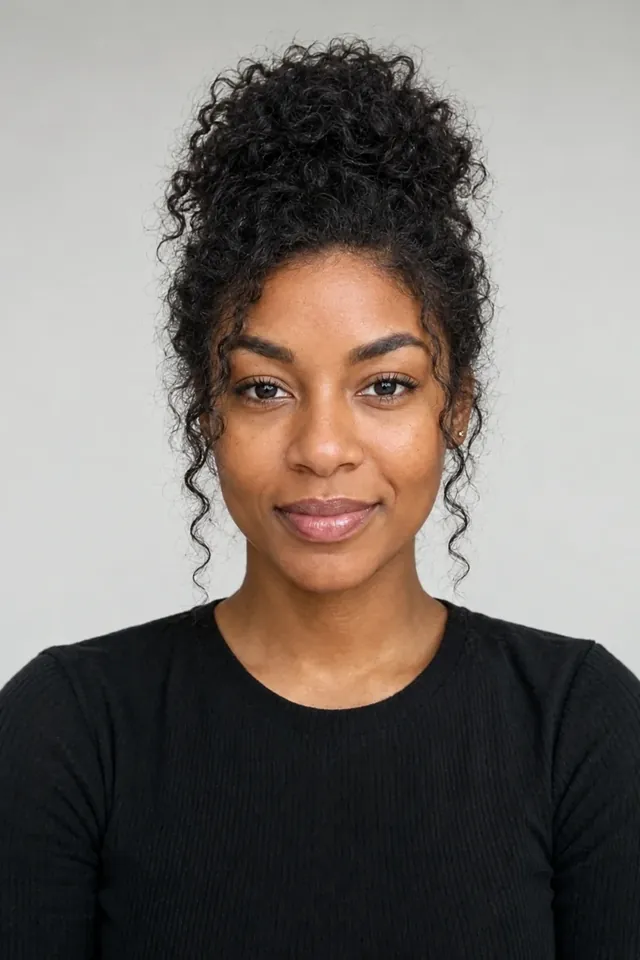 After: Natural curly hair with messy bun