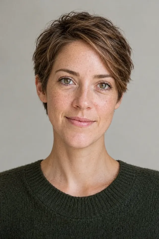 After: Shoulder-length wavy hair with pixie cut