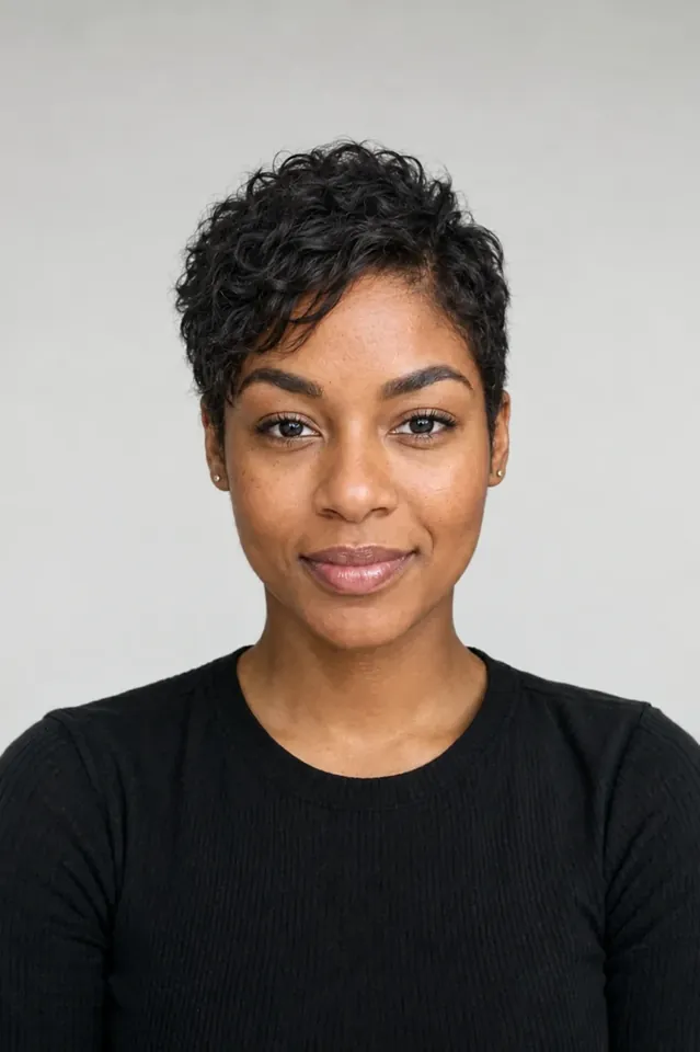 After: Natural curly hair with pixie cut
