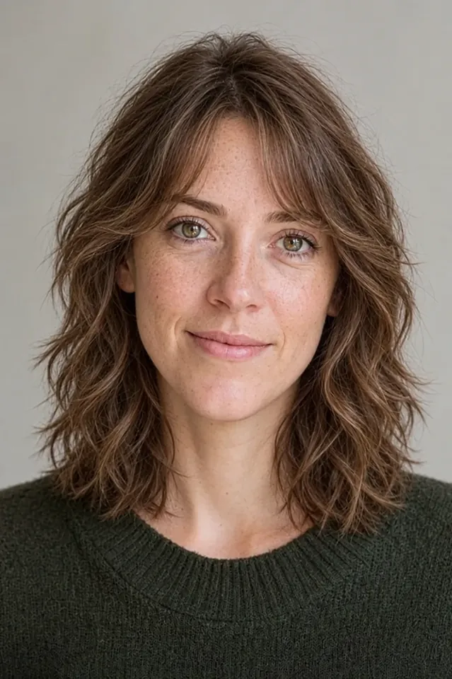 After: Shoulder-length wavy hair with shag haircut