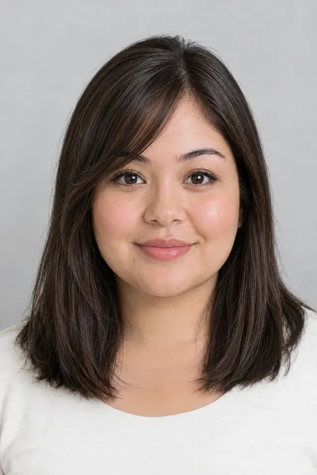Long side swept bangs on a round face (AI-generated model)
