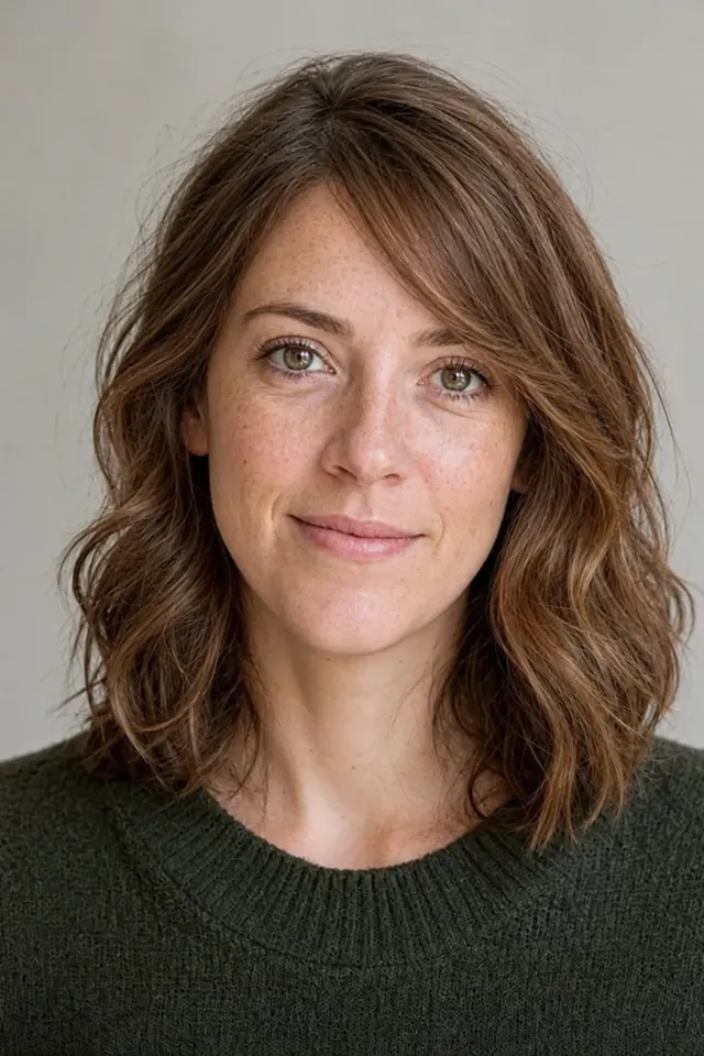 After: Shoulder-length wavy hair with side swept bangs