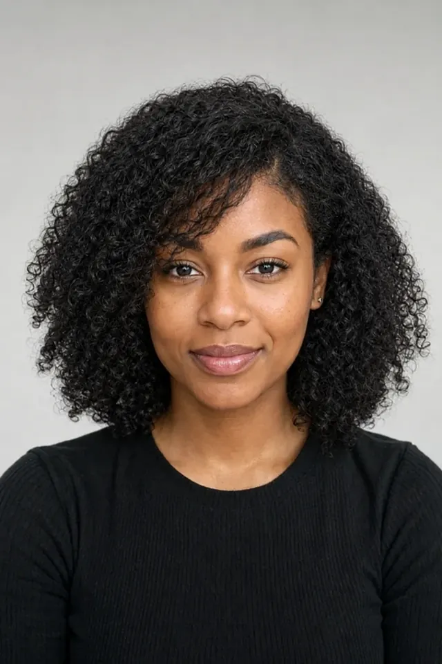 After: Natural curly hair with side swept bangs