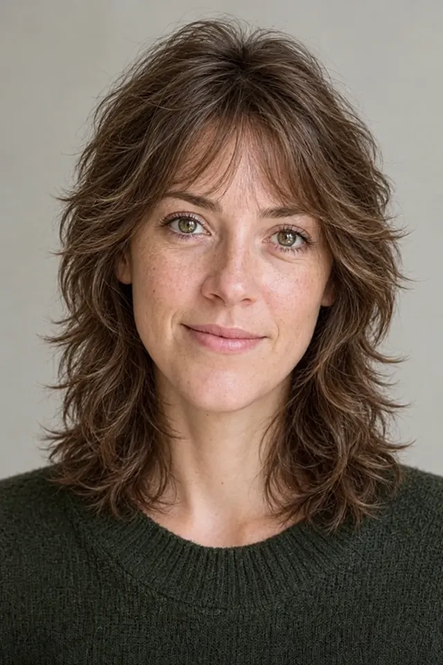 After: Shoulder-length wavy hair with wolf cut